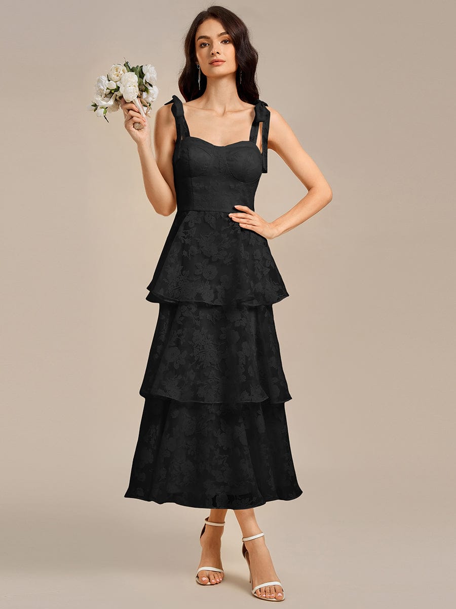 Robe de mariée mi-longue à volants et bustier à bretelles nouées et à fleurs #Couleur_Noir
