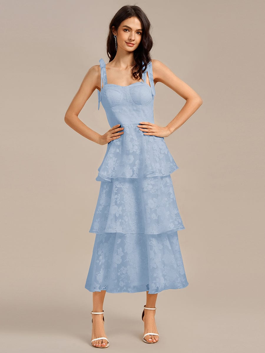 Robe de mariée mi-longue à volants et bustier à bretelles nouées et à fleurs #Couleur_Bleu Glace