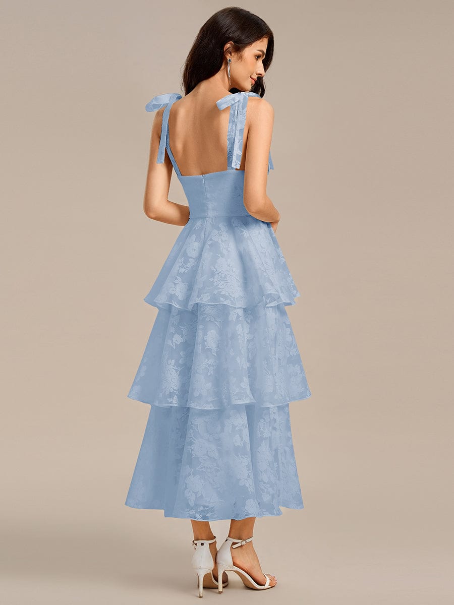 Robe de mariée mi-longue à volants et bustier à bretelles nouées et à fleurs #Couleur_Bleu Glace
