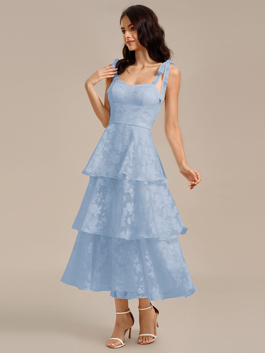 Robe de mariée mi-longue à volants et bustier à bretelles nouées et à fleurs #Couleur_Bleu Glace