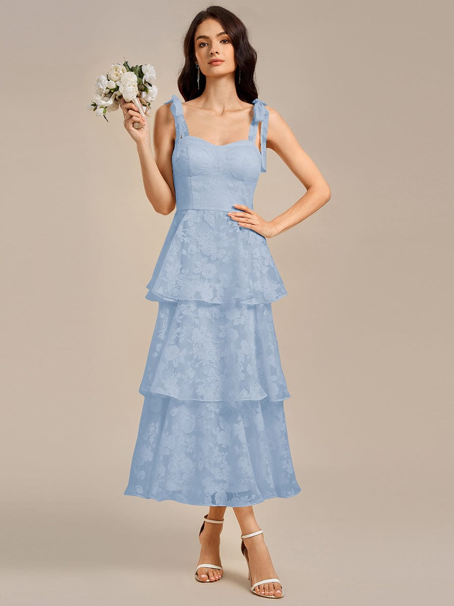 Robe de mariée mi-longue à volants et bustier à bretelles nouées et à fleurs #Couleur_Bleu Glace