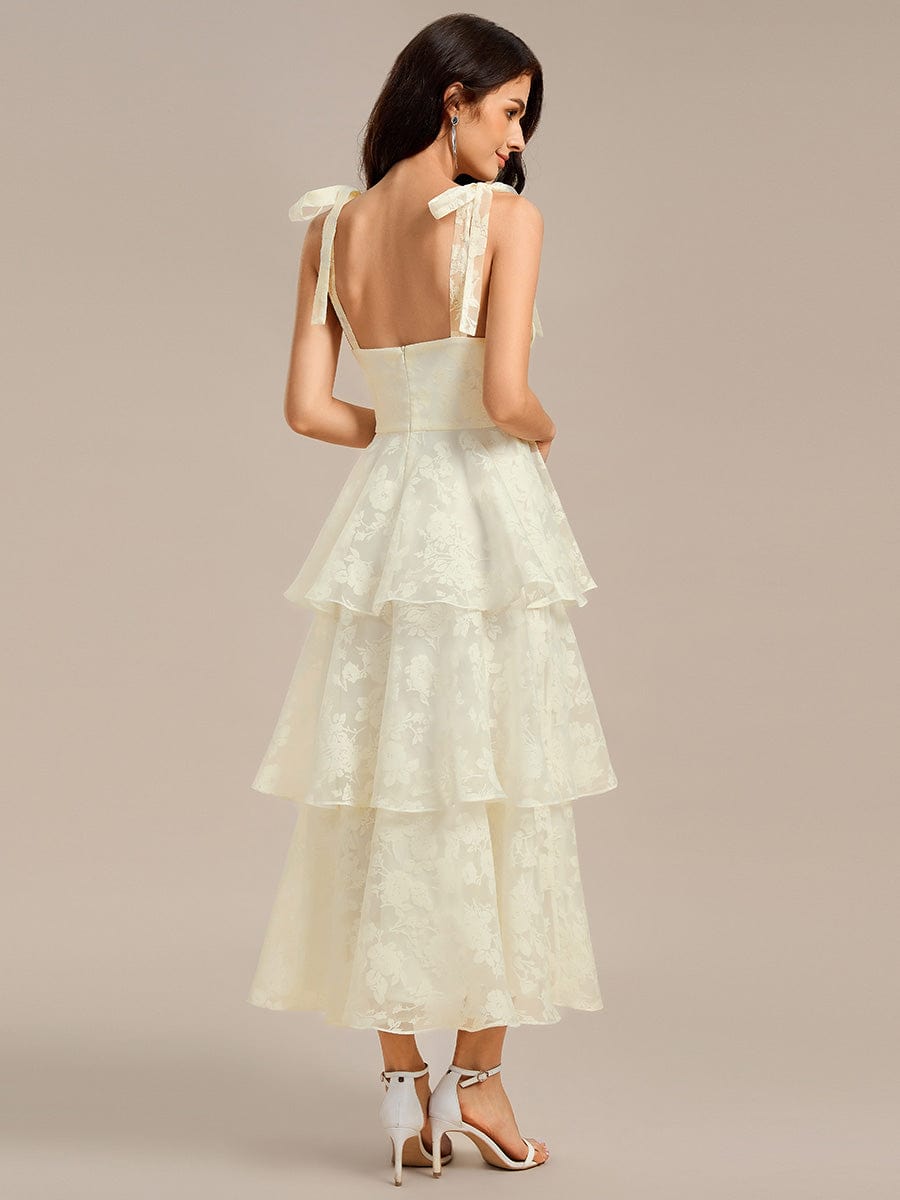 Robe de mariée mi-longue à volants et bustier à bretelles nouées et à fleurs #Couleur_Jaune