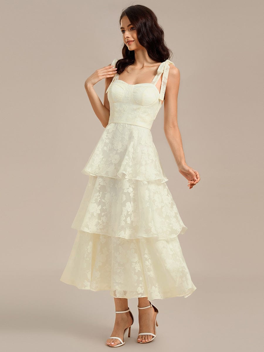 Robe de mariée mi-longue à volants et bustier à bretelles nouées et à fleurs #Couleur_Jaune