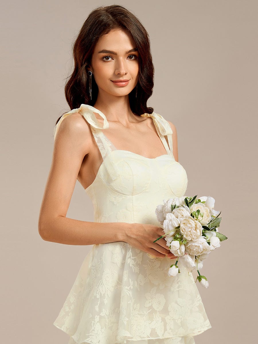 Robe de mariée mi-longue à volants et bustier à bretelles nouées et à fleurs #Couleur_Jaune