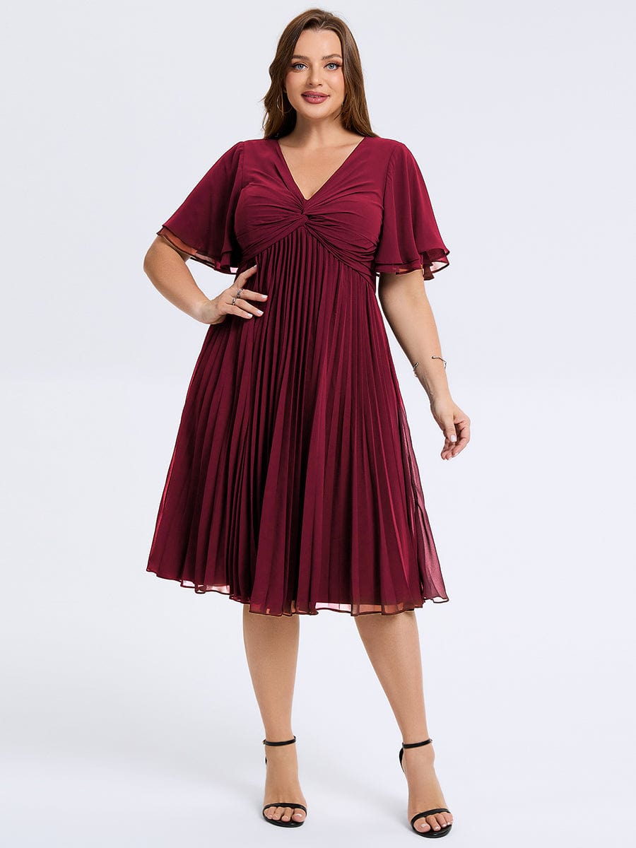 Robe d'invité de mariage trapèze en mousseline fluide à encolure ronde et longueur au genou #Couleur_Bordeaux