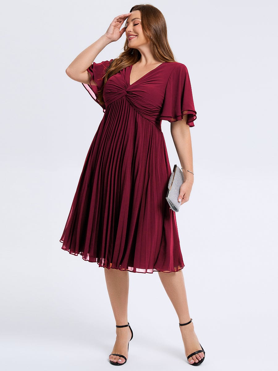 Robe d'invité de mariage trapèze en mousseline fluide à encolure ronde et longueur au genou #Couleur_Bordeaux