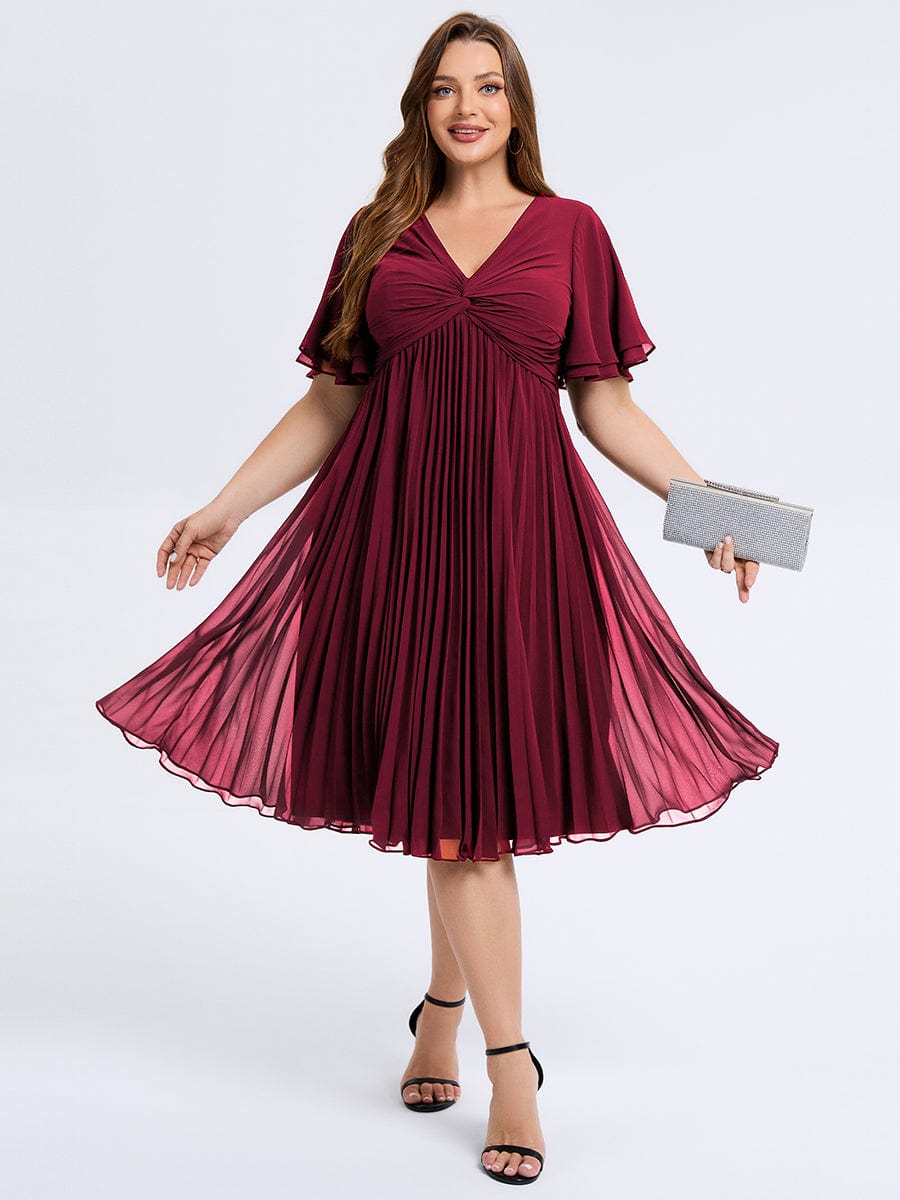 Robe d'invité de mariage trapèze en mousseline fluide à encolure ronde et longueur au genou #Couleur_Bordeaux