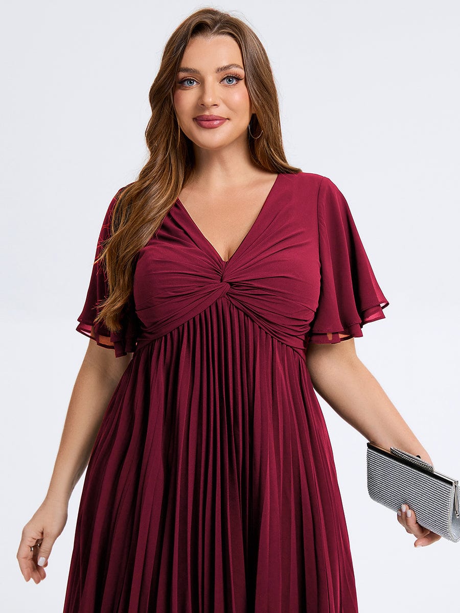 Robe d'invité de mariage trapèze en mousseline fluide à encolure ronde et longueur au genou #Couleur_Bordeaux
