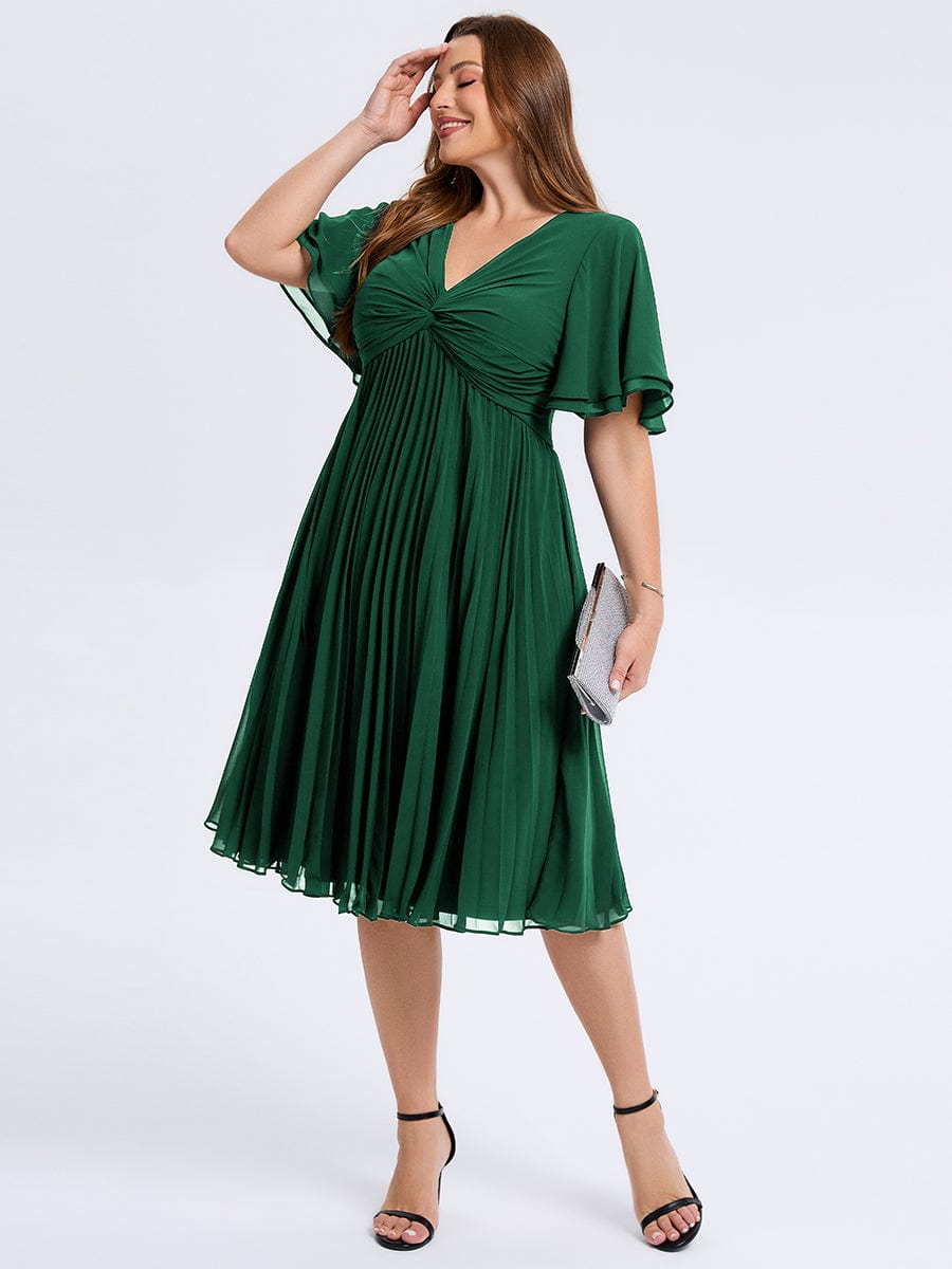 Robe d'invité de mariage trapèze en mousseline fluide à encolure ronde et longueur au genou #Couleur_Vert Fonce