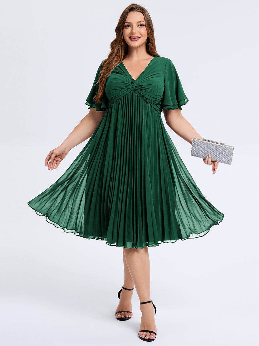 Robe d'invité de mariage trapèze en mousseline fluide à encolure ronde et longueur au genou #Couleur_Vert Fonce