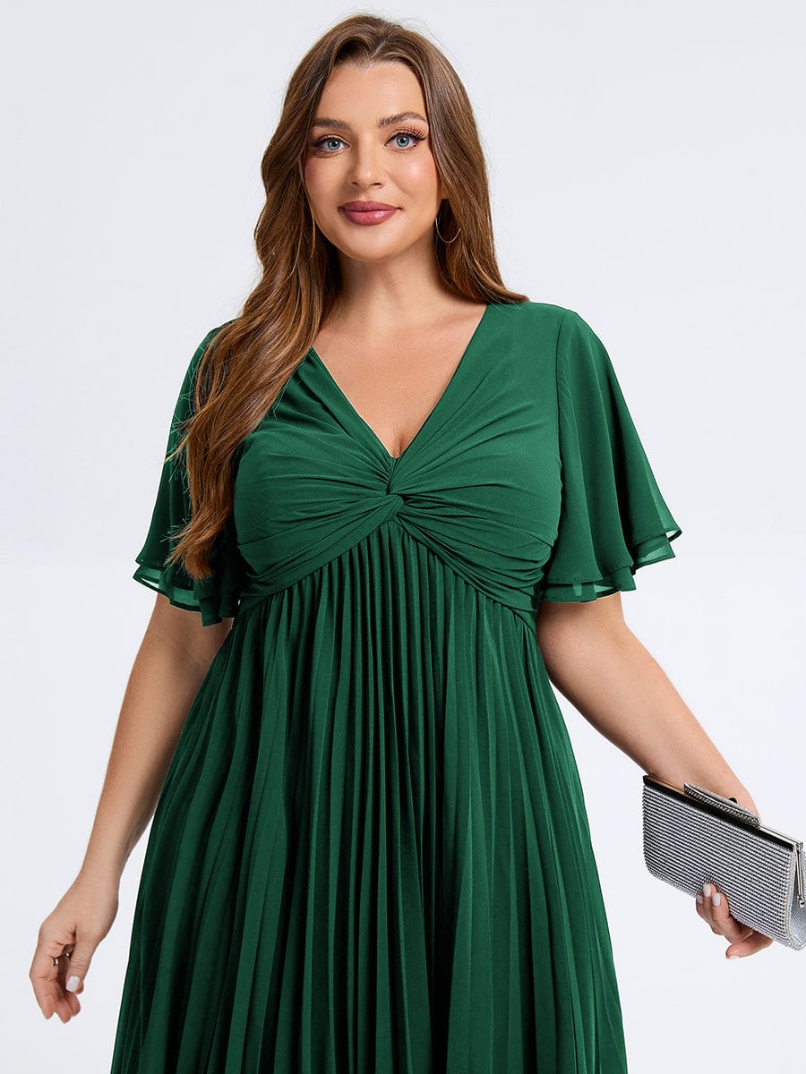 Robe d'invité de mariage trapèze en mousseline fluide à encolure ronde et longueur au genou #Couleur_Vert Fonce