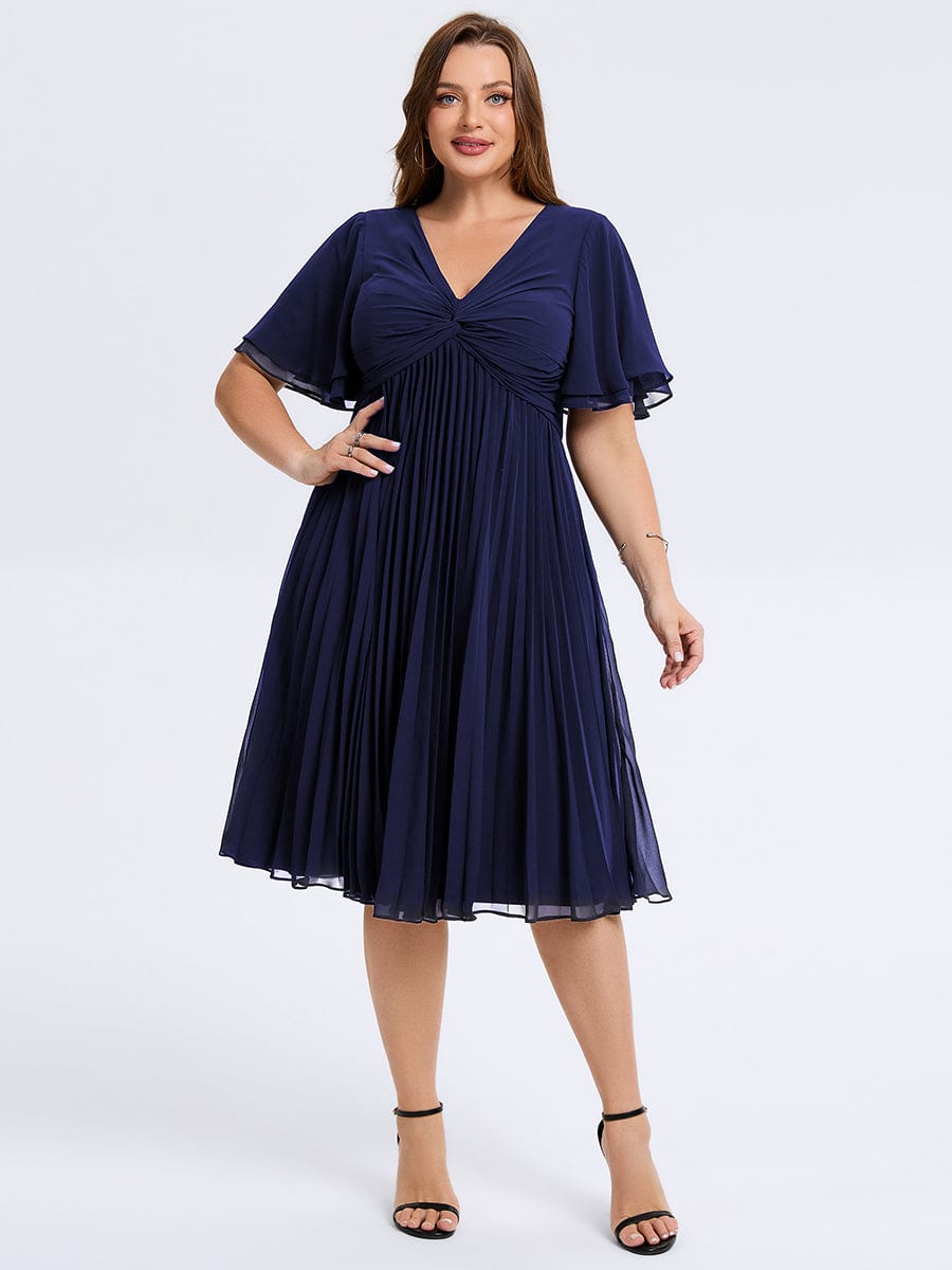 Robe d'invité de mariage trapèze en mousseline fluide à encolure ronde et longueur au genou #Couleur_Bleu Marine
