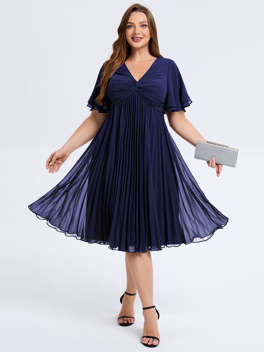 Robe d'invité de mariage trapèze en mousseline fluide à encolure ronde et longueur au genou #Couleur_Bleu Marine
