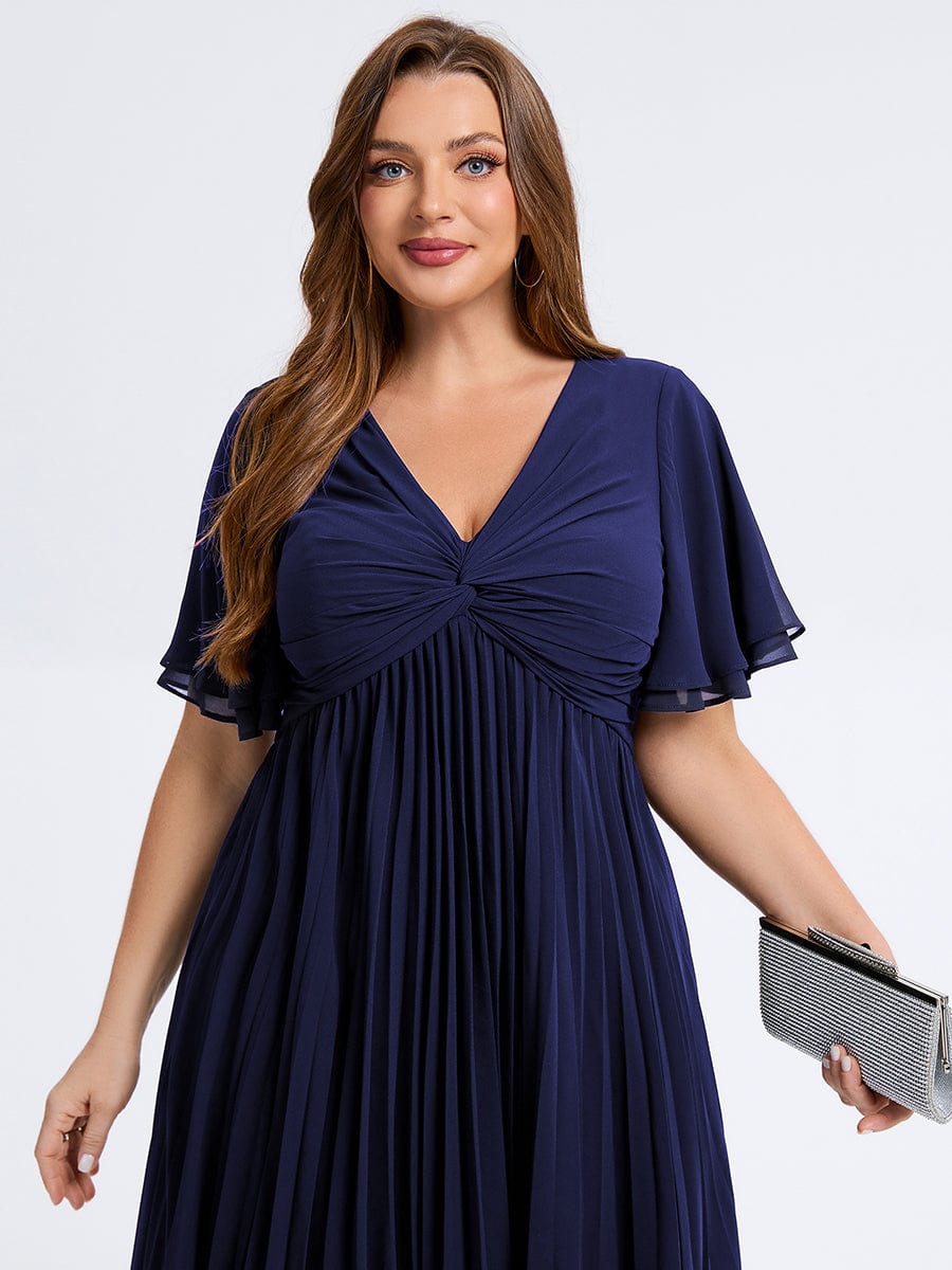 Robe d'invité de mariage trapèze en mousseline fluide à encolure ronde et longueur au genou #Couleur_Bleu Marine