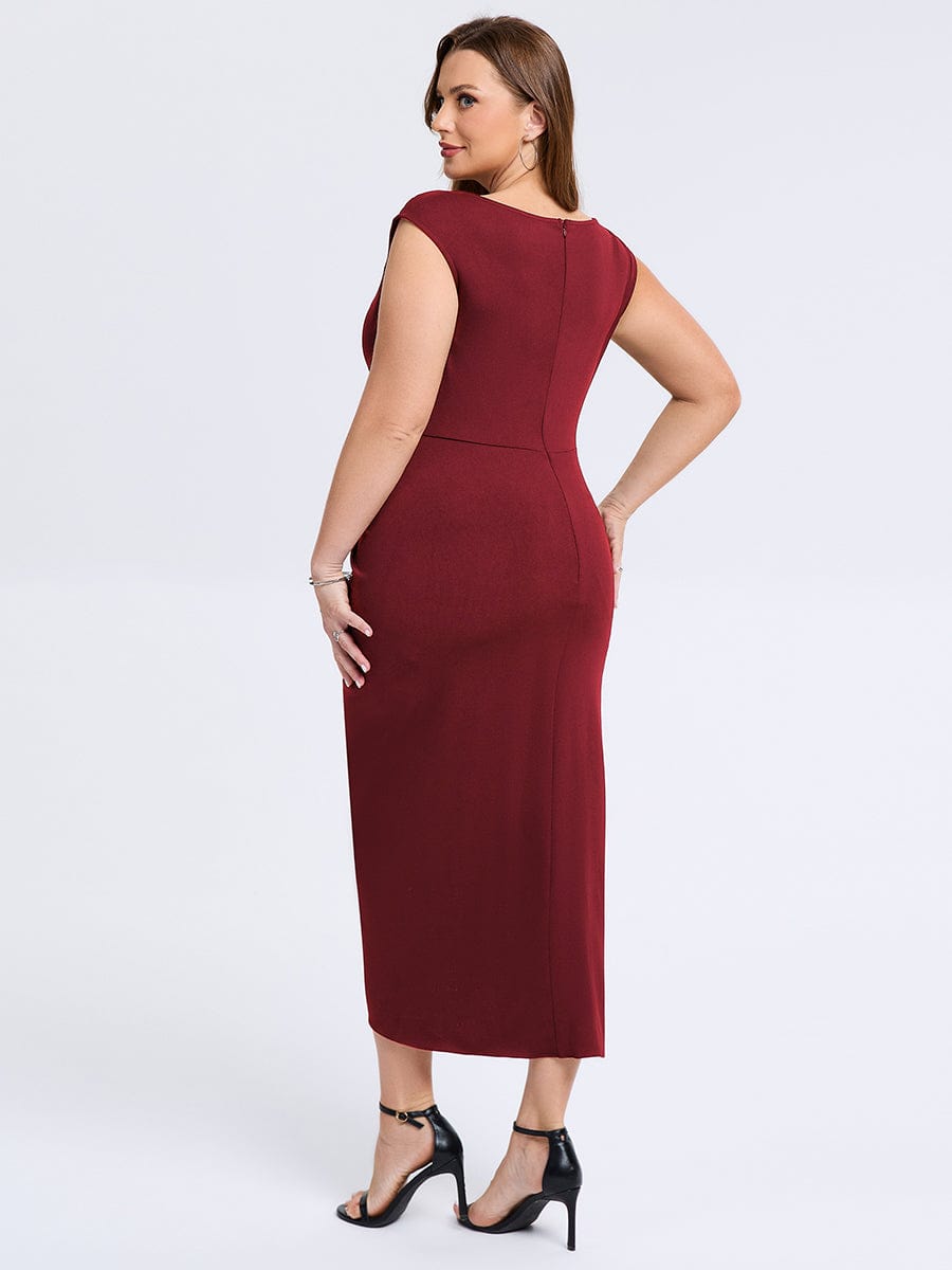 Robe d'invité de mariage trapèze en mousseline fluide à encolure ronde et longueur au genou #Couleur_Bordeaux