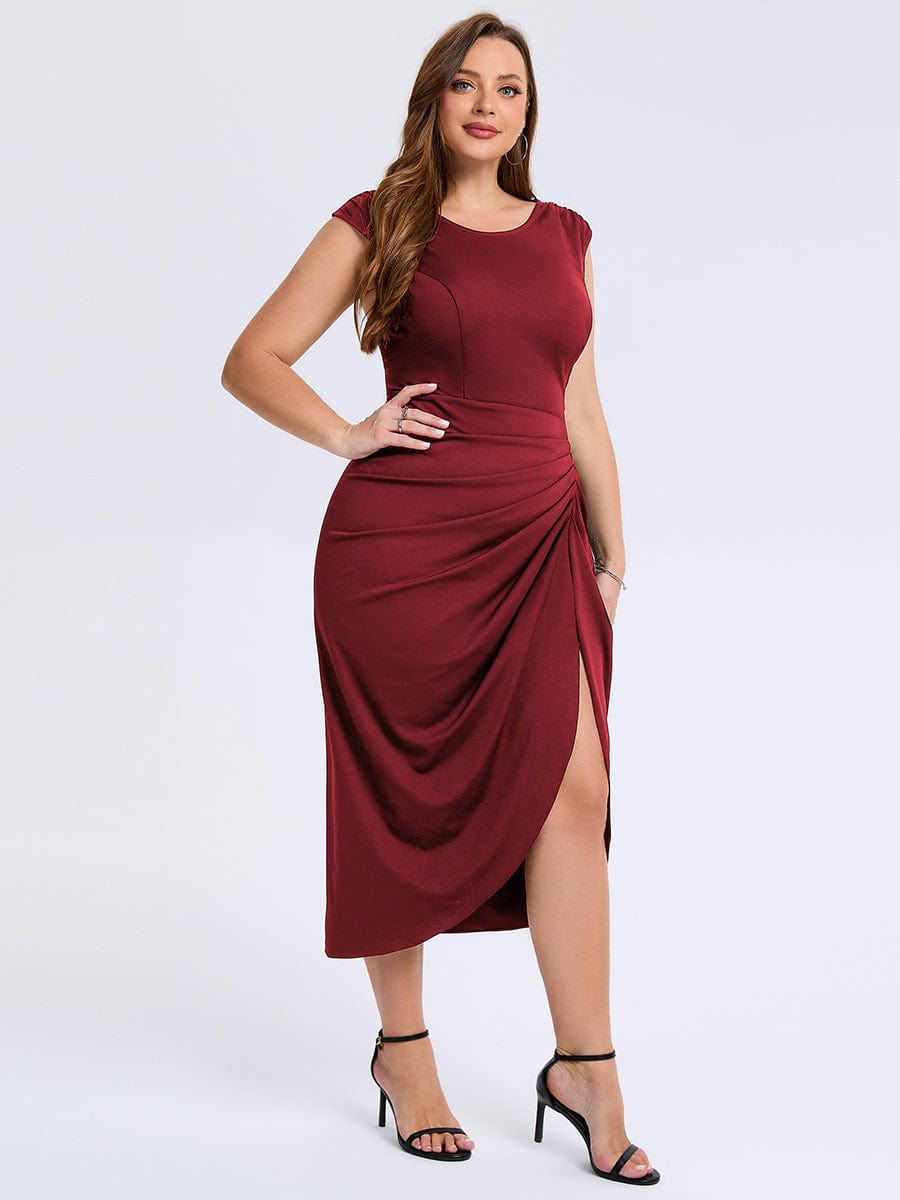 Robe d'invité de mariage trapèze en mousseline fluide à encolure ronde et longueur au genou #Couleur_Bordeaux