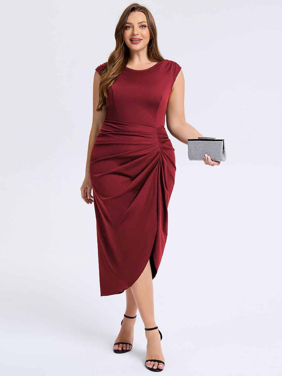 Robe d'invité de mariage trapèze en mousseline fluide à encolure ronde et longueur au genou #Couleur_Bordeaux