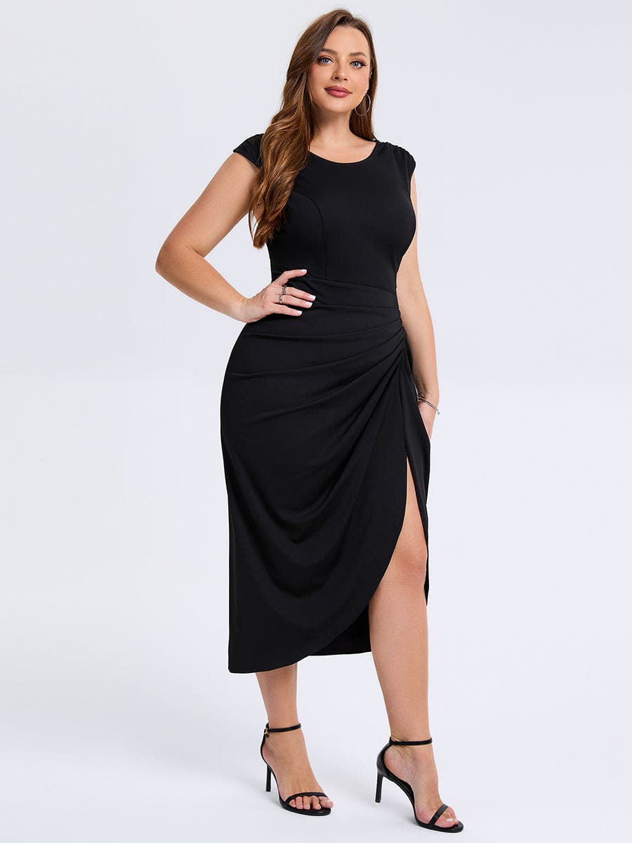Robe d'invité de mariage trapèze en mousseline fluide à encolure ronde et longueur au genou #Couleur_Noir