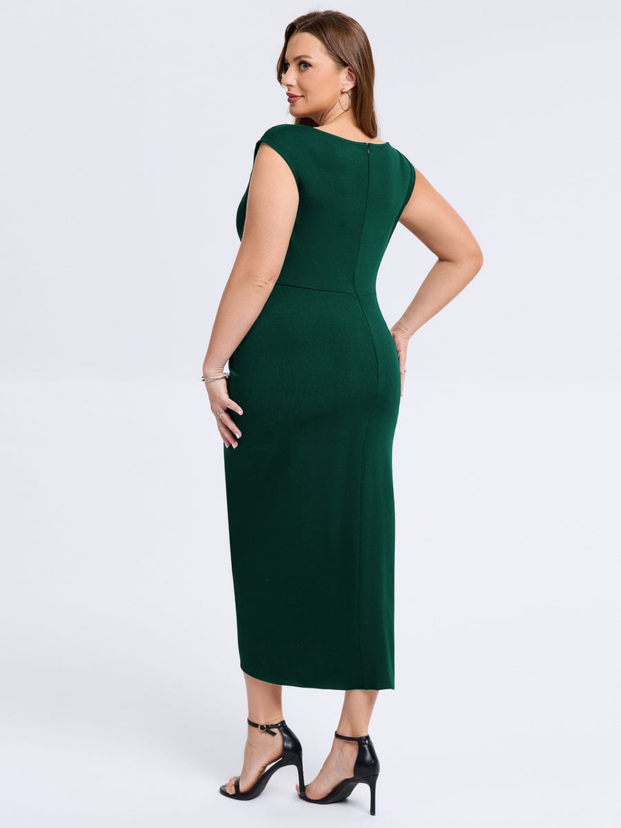 Robe d'invité de mariage trapèze en mousseline fluide à encolure ronde et longueur au genou #Couleur_Vert Fonce