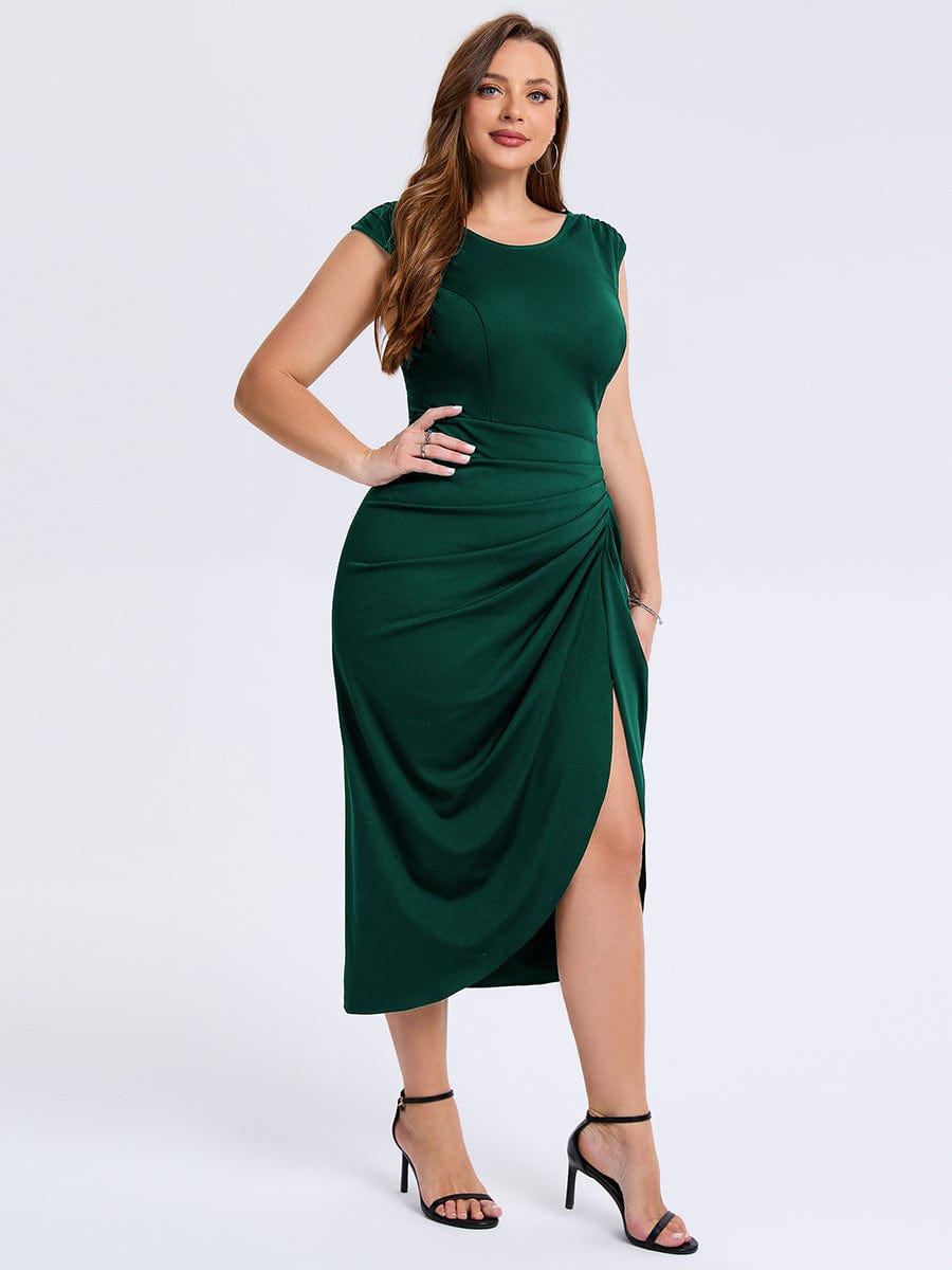 Robe d'invité de mariage trapèze en mousseline fluide à encolure ronde et longueur au genou #Couleur_Vert Fonce