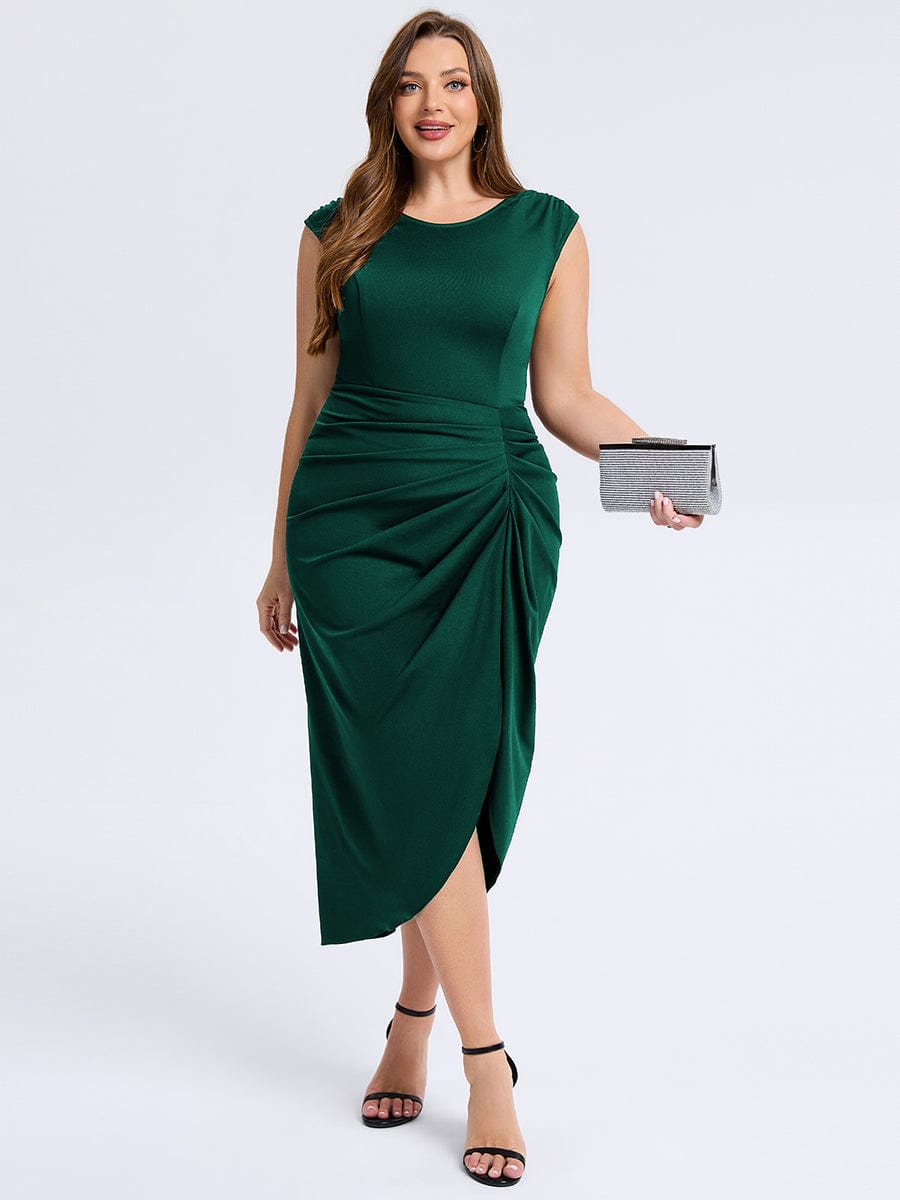 Robe d'invité de mariage trapèze en mousseline fluide à encolure ronde et longueur au genou #Couleur_Vert Fonce