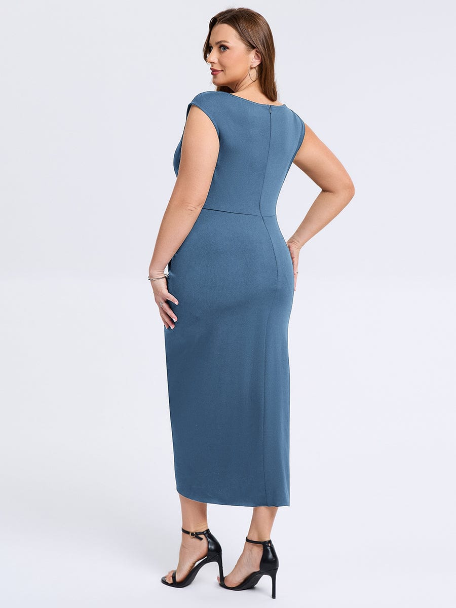 Robe d'invité de mariage trapèze en mousseline fluide à encolure ronde et longueur au genou #Couleur_Marine Fume