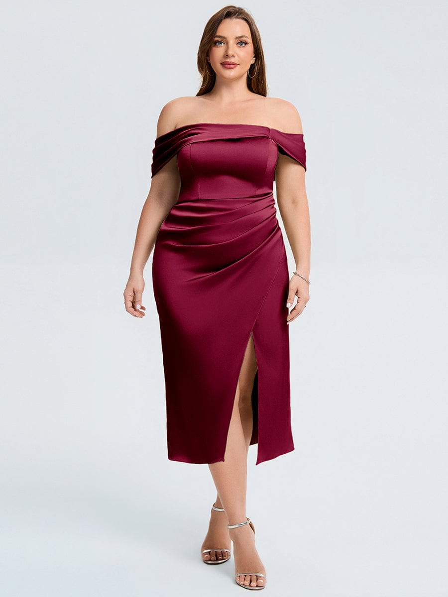 Robe d'invité de mariage trapèze en mousseline fluide à encolure ronde et longueur au genou #Couleur_Bordeaux