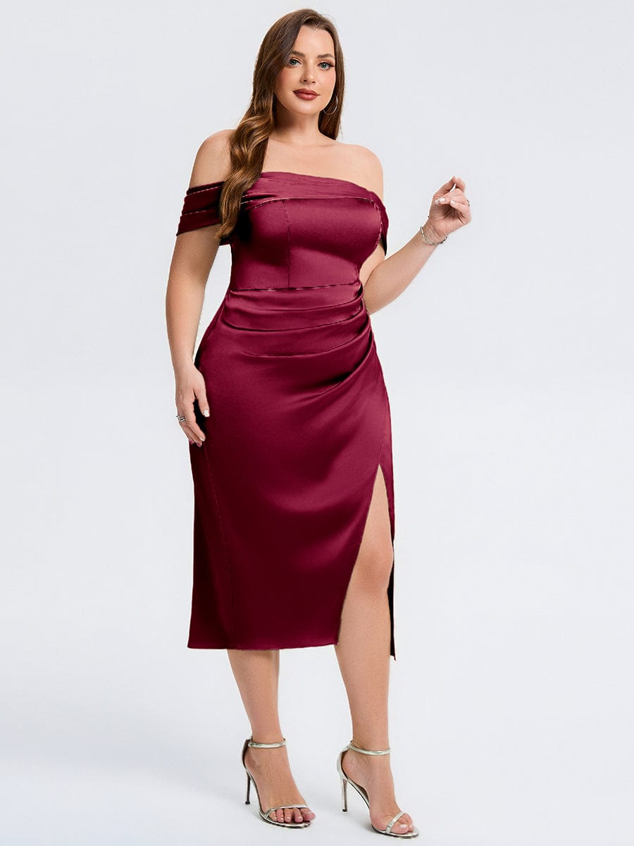 Robe d'invité de mariage trapèze en mousseline fluide à encolure ronde et longueur au genou #Couleur_Bordeaux
