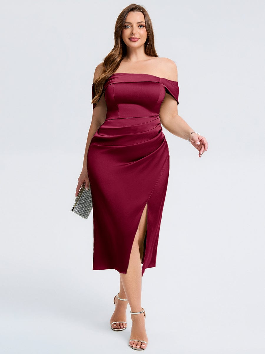 Robe d'invité de mariage trapèze en mousseline fluide à encolure ronde et longueur au genou #Couleur_Bordeaux