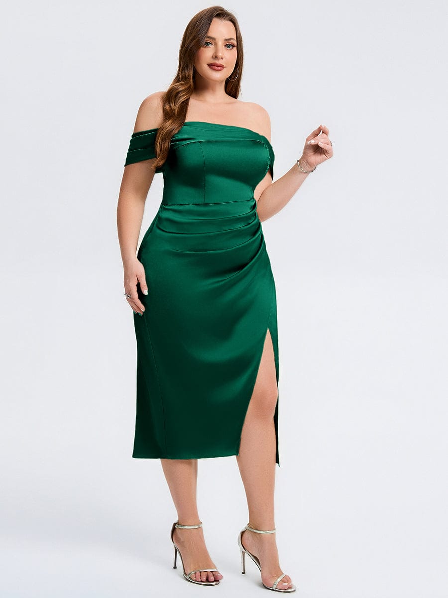 Robe d'invité de mariage trapèze en mousseline fluide à encolure ronde et longueur au genou #Couleur_Vert Fonce