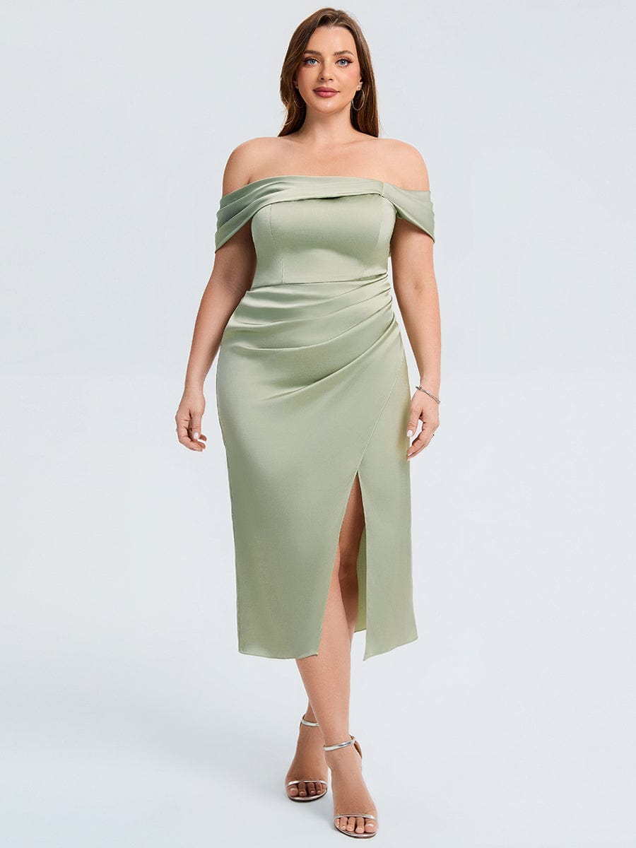Robe d'invité de mariage trapèze en mousseline fluide à encolure ronde et longueur au genou #Couleur_Vert sauge