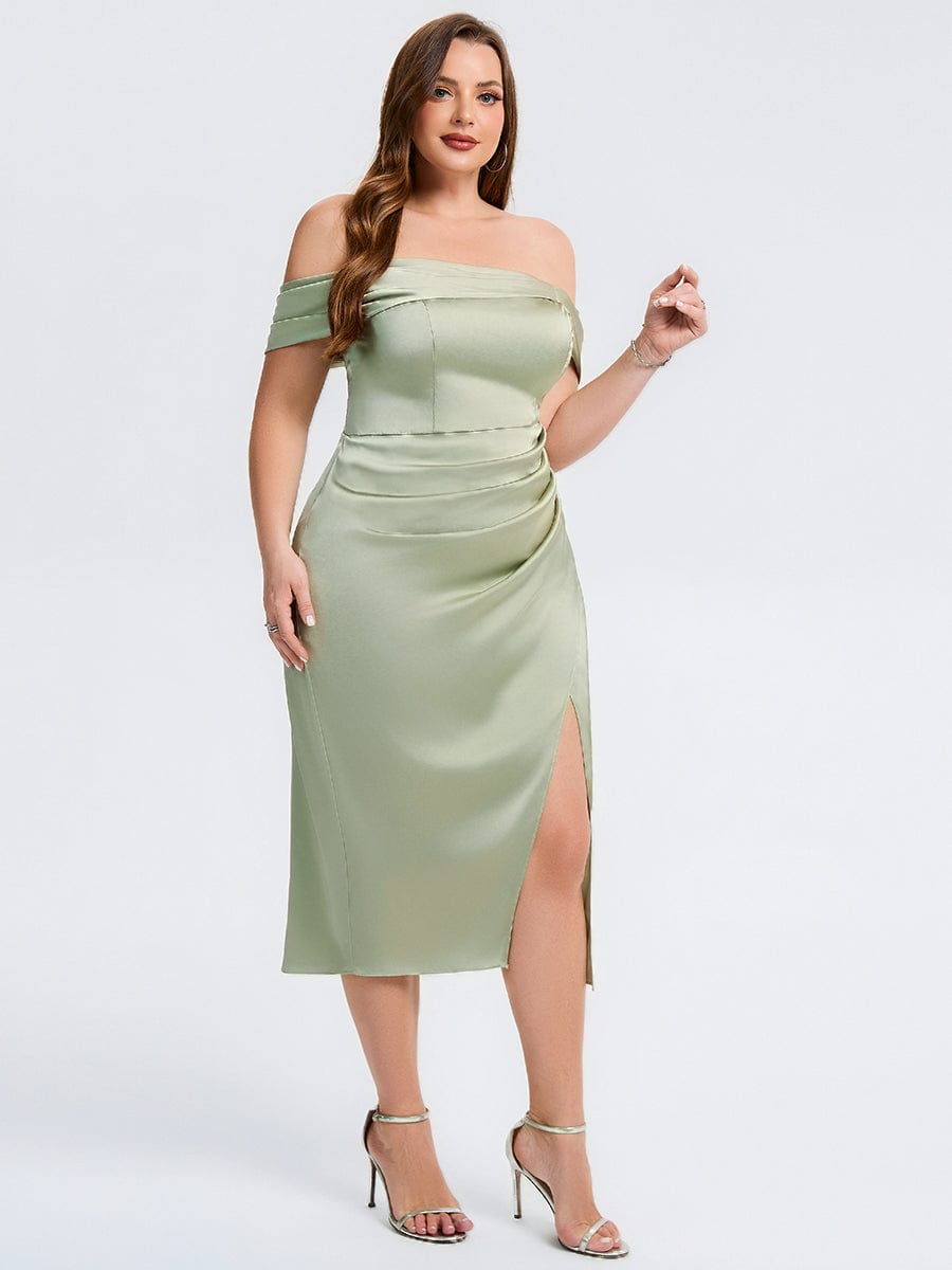Robe d'invité de mariage trapèze en mousseline fluide à encolure ronde et longueur au genou #Couleur_Vert sauge