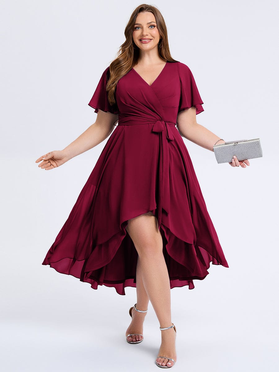Robe d'invité de mariage trapèze en mousseline fluide à encolure ronde et longueur au genou #Couleur_Bordeaux