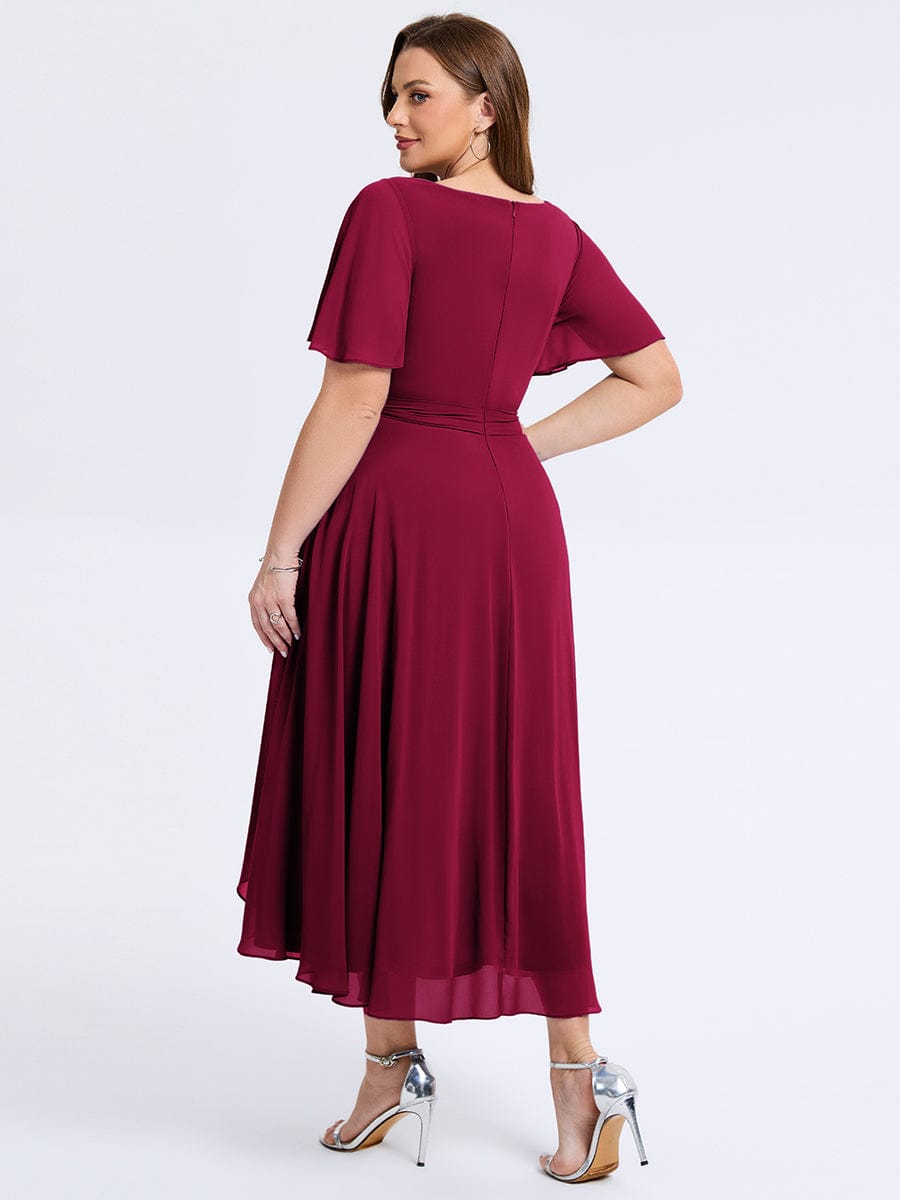 Robe d'invité de mariage trapèze en mousseline fluide à encolure ronde et longueur au genou #Couleur_Bordeaux