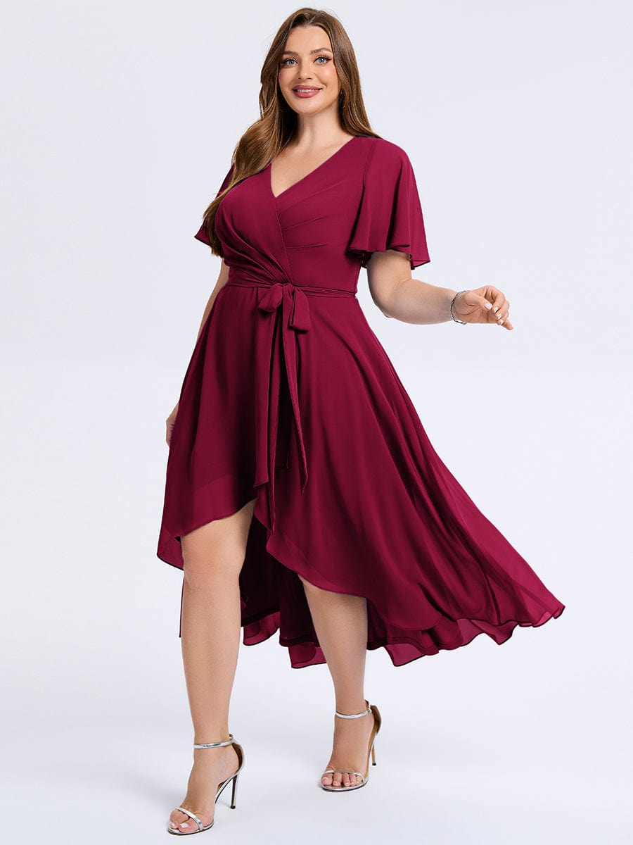 Robe d'invité de mariage trapèze en mousseline fluide à encolure ronde et longueur au genou #Couleur_Bordeaux