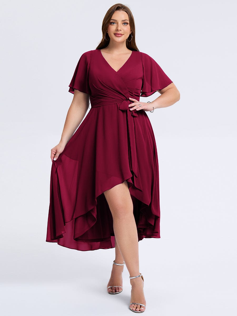 Robe d'invité de mariage trapèze en mousseline fluide à encolure ronde et longueur au genou #Couleur_Bordeaux
