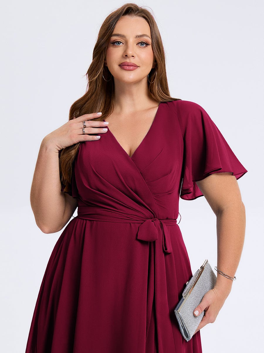 Robe d'invité de mariage trapèze en mousseline fluide à encolure ronde et longueur au genou #Couleur_Bordeaux