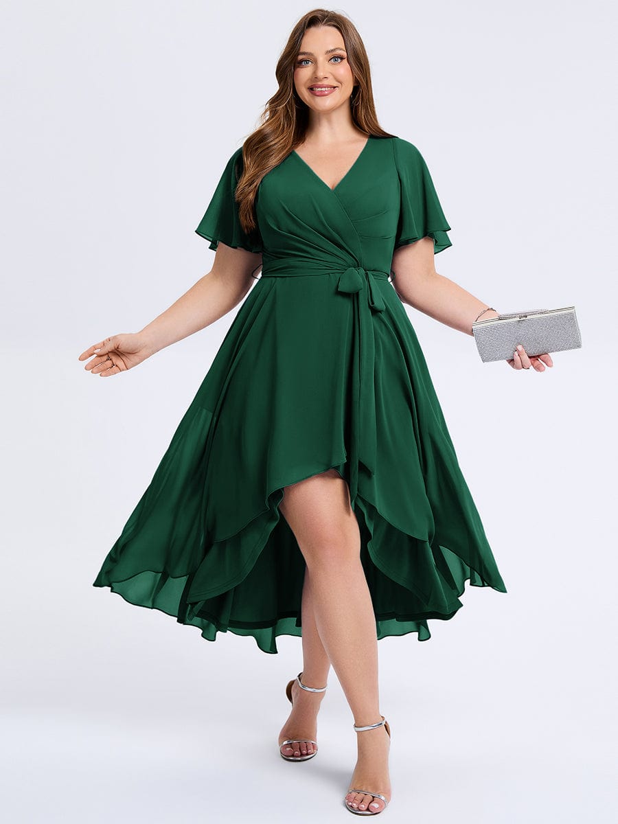 Robe d'invité de mariage trapèze en mousseline fluide à encolure ronde et longueur au genou #Couleur_Vert Fonce