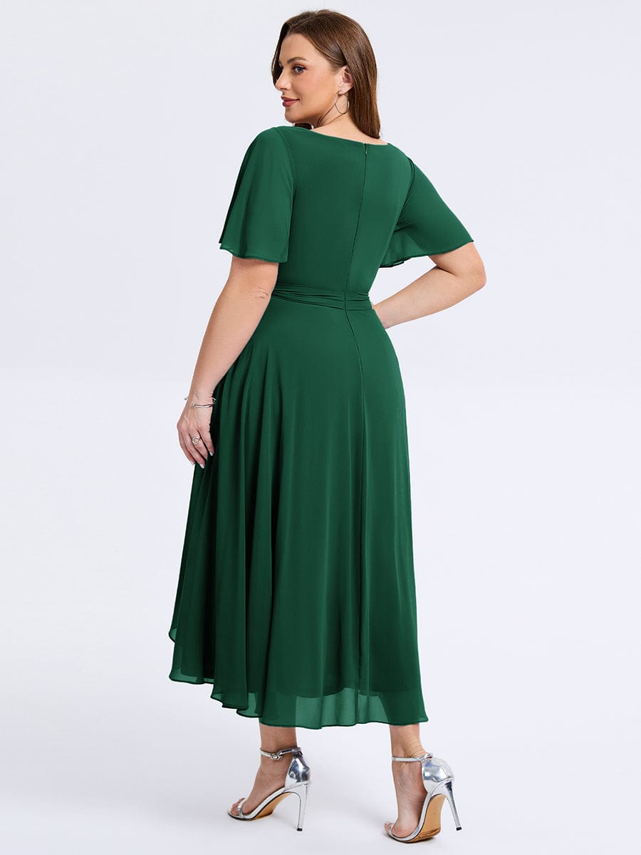 Robe d'invité de mariage trapèze en mousseline fluide à encolure ronde et longueur au genou #Couleur_Vert Fonce