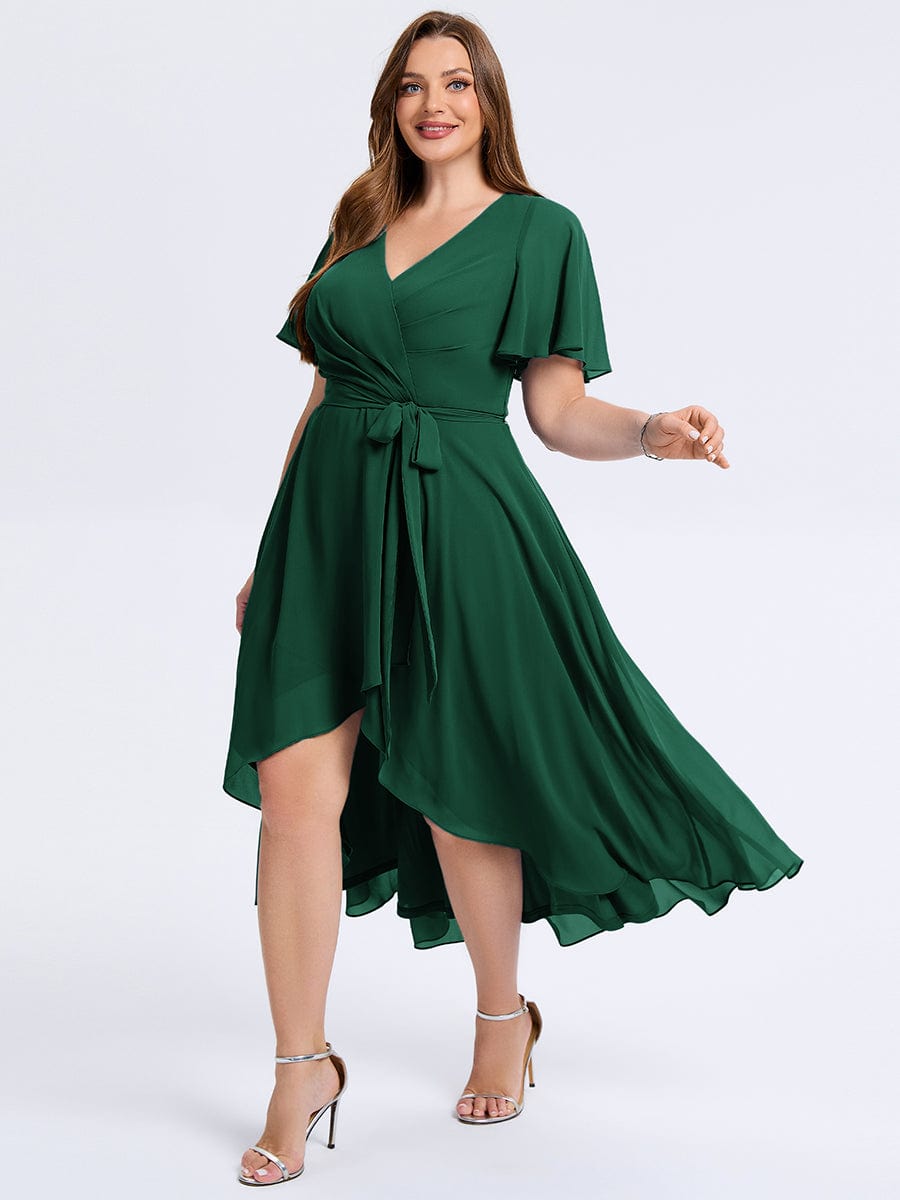 Robe d'invité de mariage trapèze en mousseline fluide à encolure ronde et longueur au genou #Couleur_Vert Fonce