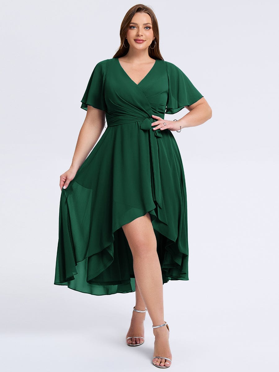 Robe d'invité de mariage trapèze en mousseline fluide à encolure ronde et longueur au genou #Couleur_Vert Fonce