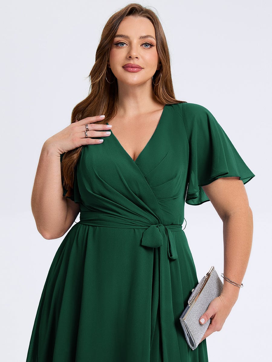 Robe d'invité de mariage trapèze en mousseline fluide à encolure ronde et longueur au genou #Couleur_Vert Fonce