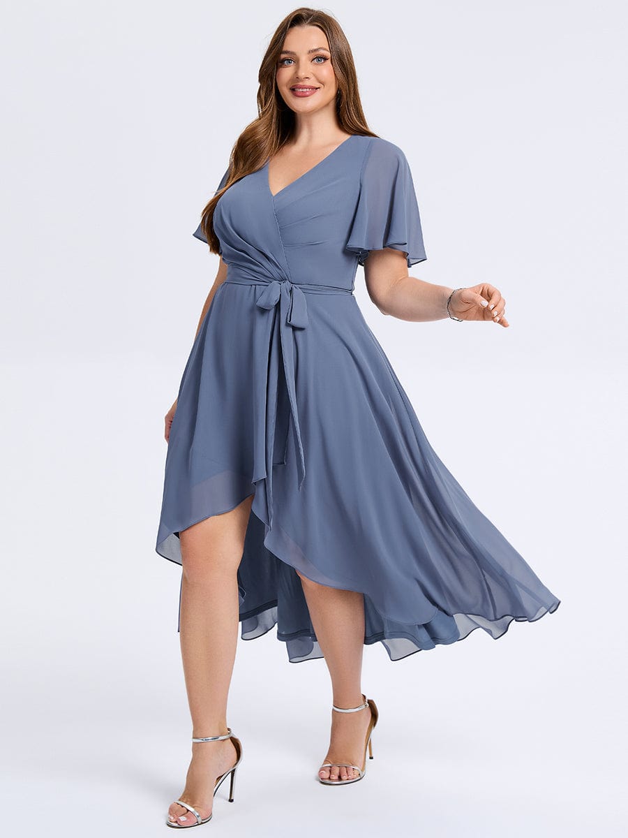 Robe d'invité de mariage trapèze en mousseline fluide à encolure ronde et longueur au genou #Couleur_Marine Fume