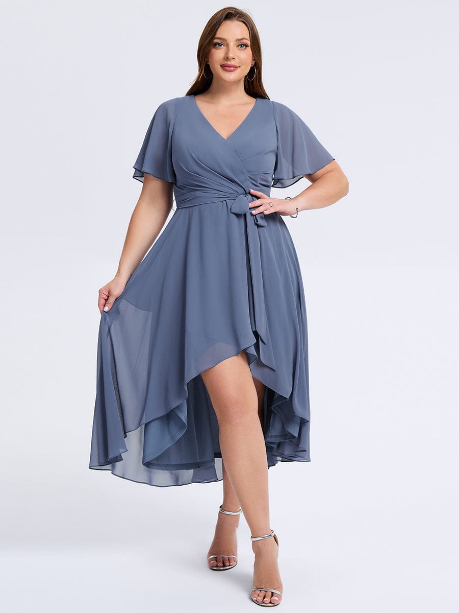 Robe d'invité de mariage trapèze en mousseline fluide à encolure ronde et longueur au genou #Couleur_Marine Fume