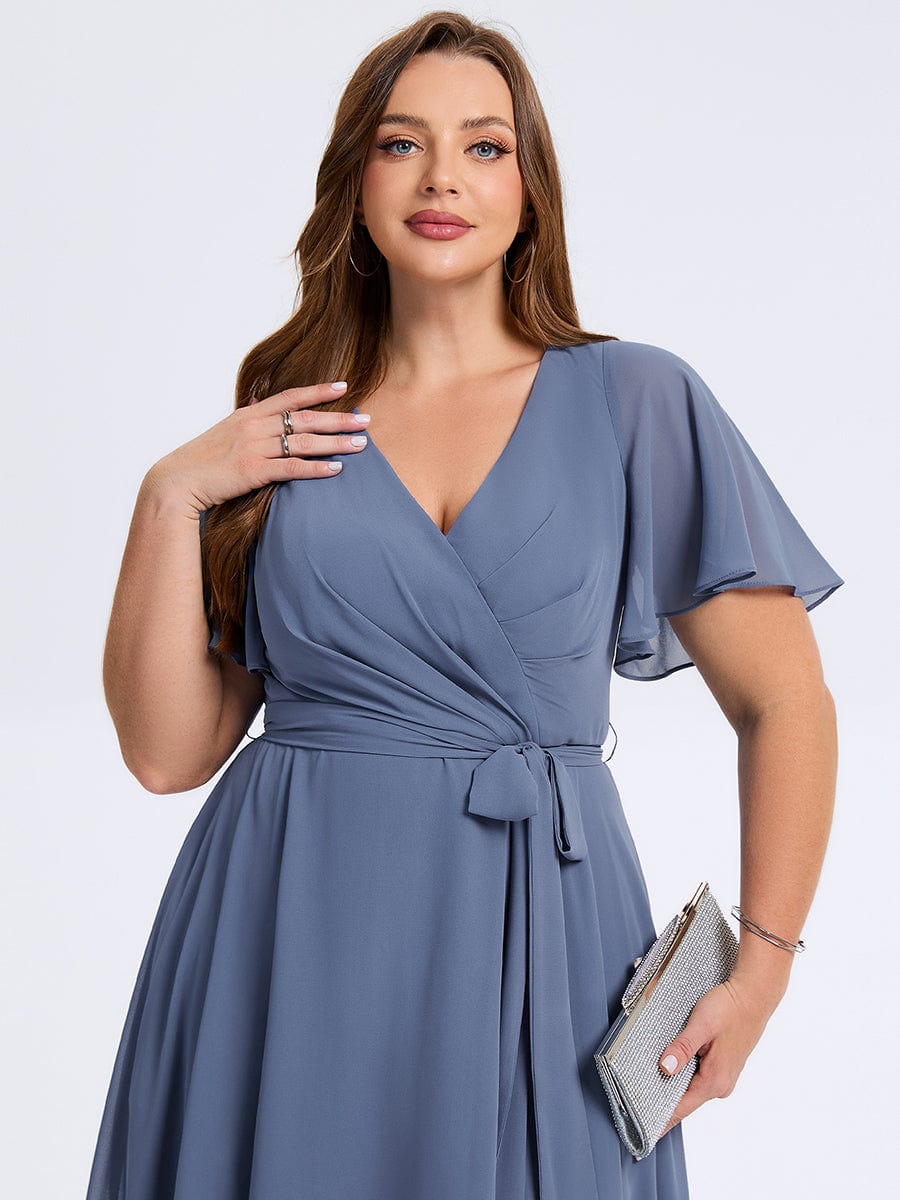 Robe d'invité de mariage trapèze en mousseline fluide à encolure ronde et longueur au genou #Couleur_Marine Fume