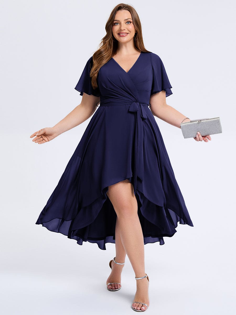 Robe d'invité de mariage trapèze en mousseline fluide à encolure ronde et longueur au genou #Couleur_Bleu Marine