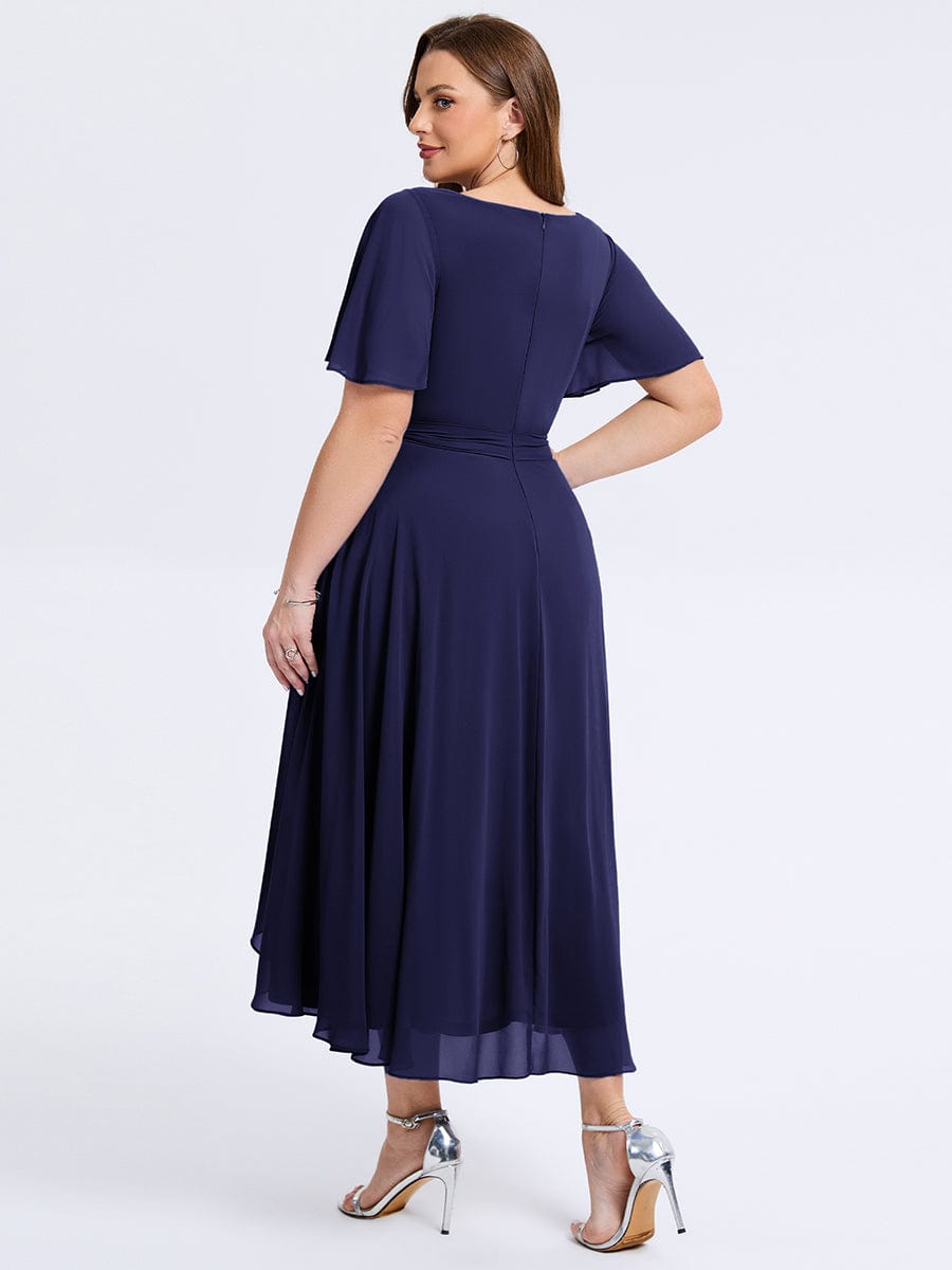 Robe d'invité de mariage trapèze en mousseline fluide à encolure ronde et longueur au genou #Couleur_Bleu Marine