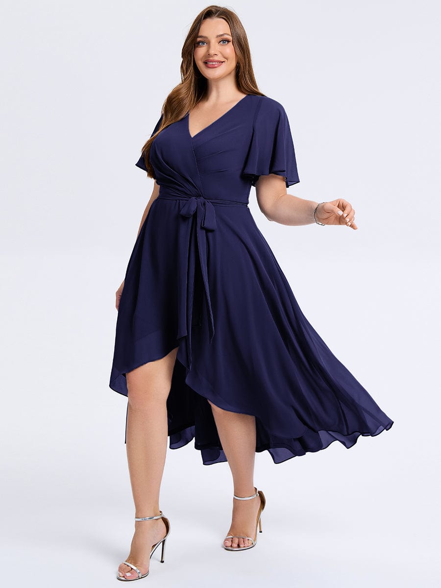 Robe d'invité de mariage trapèze en mousseline fluide à encolure ronde et longueur au genou #Couleur_Bleu Marine