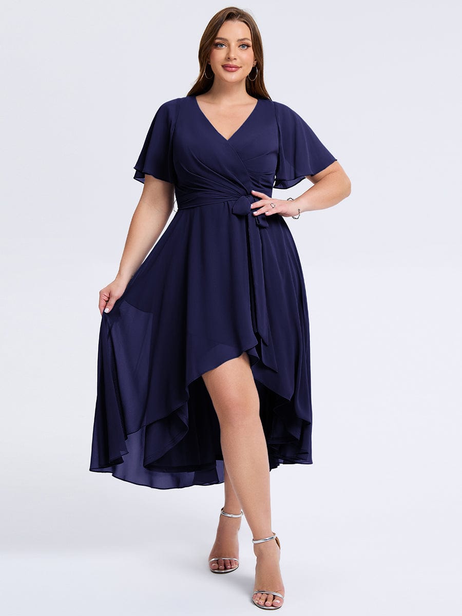Robe d'invité de mariage trapèze en mousseline fluide à encolure ronde et longueur au genou #Couleur_Bleu Marine