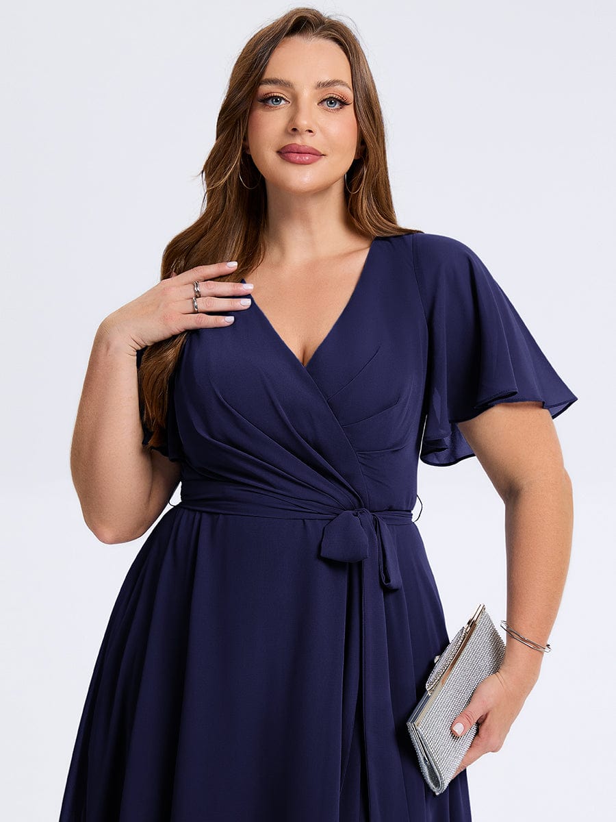 Robe d'invité de mariage trapèze en mousseline fluide à encolure ronde et longueur au genou #Couleur_Bleu Marine